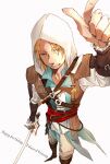  1boy antique_firearm arm_up assassin&#039;s_creed_(series) assassin&#039;s_creed_iv:_black_flag blonde_hair blue_eyes boots brown_boots character_name edward_kenway english_text firelock flintlock grey_pants gun happy_birthday highres holding holding_sword holding_weapon letitiaalegria one_eye_closed pants solo sword weapon white_background white_hood 