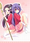  black_hair blush broom choker dressing elysia_de_lute_ima hair_ornament haqua_d'rot_herminium highres kami_nomi_zo_shiru_sekai long_hair looking_at_viewer multiple_girls open_mouth ponytail purple_eyes purple_hair radek_ken red_eyes school_uniform shiny shiny_hair skirt skull_hair_ornament thighhighs white_legwear 