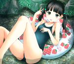  black_hair brown_eyes competition_school_swimsuit flat_chest food food_print fruit hair_ornament innertube long_hair neuron_(exceed) one-piece_swimsuit original partially_submerged school_swimsuit solo star star_hair_ornament strawberry strawberry_print swimsuit twintails v water 
