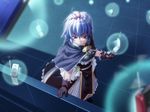  1girl ahoge armor blue_hair cape cellphone game_cg gloves jewelry liesel_hansel night phone princess_waltz red_eyes solo takeya_masami 