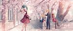  3girls aqua_eyes aqua_hair blonde_hair blush brother_and_sister brown_eyes brown_hair cherry_blossoms crossed_legs flower hair_ribbon hanami hand_on_head hatsune_miku ixima kagamine_len kagamine_rin kneehighs long_hair meiko multiple_girls necktie one_eye_closed open_mouth pantyhose petals petting ribbon sakura_no_ame_(vocaloid) school_uniform serafuku short_hair siblings sitting skirt smile tree twins twintails vocaloid waving white_legwear 