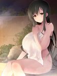  bangs breasts bush cleavage collarbone covering curvy fence green_eyes hips huge_breasts hyuuga_takashi iwato_kasumi long_hair looking_at_viewer nude_cover onsen outdoors plant rock saki smile_(rz) solo steam sweat towel water 