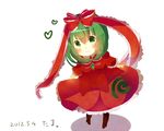  bad_id bad_pixiv_id boots chibi frills front_ponytail green_eyes green_hair hair_ribbon highres kagiyama_hina ribbon solo tamagogayu1998 touhou 