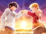  1boy 1girl black_hair blonde_hair blue_eyes braid brother_and_sister chris_northfield fist_bump fukamori_arata game_cg hair princess_waltz siblings sunset takeya_masami torn_clothes 