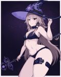  1girl absurdres armpits bra breasts brown_hair camcamcelus choker cleavage closed_mouth eyebrows_hidden_by_hair flower from_side hat hat_flower herta_(honkai:_star_rail) highres holding holding_staff honkai:_star_rail honkai_(series) light_blush long_hair looking_at_viewer mage_staff medium_breasts navel panties purple_background purple_bra purple_choker purple_eyes purple_hat purple_panties smile solo staff stomach the_herta_(honkai:_star_rail) thigh_strap underwear underwear_only very_long_hair witch_hat 