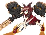  1girl afterburner alternate_color aqua_eyes arm_blade armored_core bow cirno crossover dress energy_sword energy_weapon hair_bow highres jetpack kcajonama m.u.g.e.n nineball nineball=cirno nineball_seraph red_hair red_shoes reverse_grip shoes short_hair sliding sword thrusters two-tone_dress weapon 