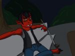  bench black_hair claws demon fangs golf_club hair horn humanoid male mrsquidon oni pointy_ears red_skin sitting solo yellow_eyes 