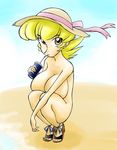  1girl blonde_hair breasts brown_eyes character_request cup freakyplanet hat huge_breasts source_request straw straw_hat 