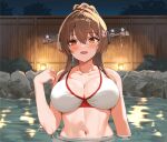  1girl bikini breasts brown_eyes brown_hair cherry_blossoms commentary_request flower hair_between_eyes hair_flower hair_intakes hair_ornament headgear kantai_collection large_breasts long_hair looking_at_viewer murata_taichi navel night official_alternate_costume onsen outdoors partially_submerged ponytail sidelocks solo swimsuit very_long_hair white_bikini yamato_(kancolle) yamato_(swimsuit)_(kancolle) 