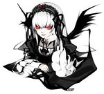  flower glowing glowing_eyes gothic_lolita grin hairband head_rest lolita_fashion lolita_hairband long_hair mtyy red_eyes rose rozen_maiden silver_hair smile solo suigintou white_background wings 