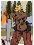 anthro armor biped border breasts canid canine canis chainsaw chainsaw_chaps chest_tuft clothing construction_worker digital_media_(artwork) domestic_dog eyewear female gender_symbol genitals gloves goggles handwear hard_hat headgear helmet hi_res looking_at_viewer mammal nipples oystr plant power_tool pubes pussy solo symbol tongue tongue_out tools trans_(lore) trans_man_(lore) transgender_symbol tree tuft white_border