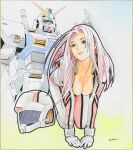  1girl all_fours blue_eyes bodysuit breasts christina_mackenzie cleavage closed_mouth green_eyes gundam gundam_0080 gundam_alex helmet highres ikeda_kazuhiro large_breasts light_smile long_hair looking_at_viewer mecha mecha_pilot_suit mobile_suit normal_suit_(gundam) pilot_helmet pink_hair red_bodysuit robot science_fiction shikishi signature space_helmet spacesuit traditional_media two-tone_bodysuit unworn_headwear unworn_helmet v-fin very_long_hair white_bodysuit 