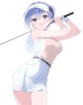  1girl blue_hair blush breasts commentary_request golf_club highres holding holding_golf_club idolmaster idolmaster_shiny_colors long_hair looking_at_viewer medium_breasts ponytail purple_eyes shirasato_(phzm8733) shirt shirt_tucked_in simple_background skirt sleeveless sleeveless_shirt smile solo suzuki_hana swinging_golf_club thighs two-tone_shirt visor_cap white_background white_skirt 