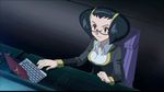  1girl animated animated_gif black_hair breasts computer glasses laptop nintendo pokemon purple_eyes rioka_(pokemon) screencap sitting solo 