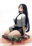  1girl alcohol beer beer_can black_hair black_necktie blush breasts brown_eyes can commentary_request drink_can drunk highres holding holding_can jchoy large_breasts long_hair looking_up necktie open_mouth original pencil_skirt seiza shirt sitting skirt smile white_shirt 