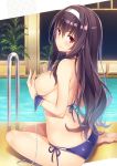  1girl ass bare_arms bare_shoulders barefoot bikini blue_bikini breasts butt_crack closed_mouth covering_nipples fingernails from_side hair_between_eyes hairband indoors kasumigaoka_utaha large_breasts long_hair looking_at_viewer looking_back multi-strapped_bikini pool_ladder poolside purple_bikini purple_hair red_eyes saenai_heroine_no_sodatekata shiny shiny_skin side-tie_bikini sideboob sidelocks sitting smile solo swimsuit untied untied_bikini yokozuwari yuuki_hagure 