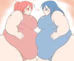  2girls blue_eyes blue_hair breasts fat huge_breasts koto0611 kurokaze_no_sora multiple_girls obese red_eyes red_hair 