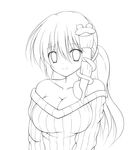  alternate_costume alternate_hairstyle bare_shoulders breasts cleavage collarbone frog_hair_ornament greyscale hair_ornament highres kochiya_sanae large_breasts long_hair looking_at_viewer monochrome off-shoulder_sweater osashin_(osada) ponytail smile snake_hair_ornament solo sweater touhou 