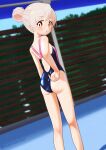  1girl adjusting_clothes adjusting_swimsuit artist_name ass bare_arms bare_legs bare_shoulders black_one-piece_swimsuit blush breasts brown_eyes commentary competition_swimsuit feet_out_of_frame from_behind grey_hair hair_bun hair_up happyundergate highleg highleg_one-piece_swimsuit highres kneepits looking_at_viewer looking_back multicolored_hair one-piece_swimsuit onii-chan_wa_oshimai! oyama_mahiro parted_lips pink_hair pink_one-piece_swimsuit racerback single_hair_bun small_breasts solo standing swimsuit twitter_username two-tone_hair two-tone_swimsuit water_drop 