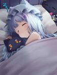  1girl blanket closed_eyes closed_mouth grey_hat hair_ornament hat highres hololive hydrant_(kasozama) long_hair murasaki_shion murasaki_shion_(loungewear) official_alternate_costume pillow shiokko_(murasaki_shion) short_eyebrows sleeping star_(symbol) star_hair_ornament very_long_hair virtual_youtuber zzz 
