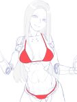  1girl android artist_request bikini blame! breasts cyberpunk grey_hair grin joints long_hair looking_at_viewer metagenie red_bikini ringed_eyes robot_joints silicon_creature_(blame!) simple_background smile solo standing swimsuit very_long_hair white_background 