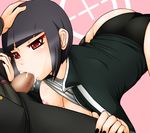  1girl bikkuru black_hair breasts celestia_ludenberck celestia_rudenberk cum cum_in_mouth danganronpa danganronpa_1 facial fellatio nipples oral pixiv_manga_sample red_eyes reketsu short_hair sweat 