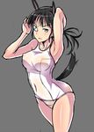  animal_ears armpits arms_up black_hair blush breasts eyepatch long_hair looking_at_viewer medium_breasts one-piece_swimsuit open_mouth ponytail sakamoto_mio school_swimsuit shiny shiny_skin solo strike_witches swimsuit tail ulrich_(tagaragakuin) world_witches_series 