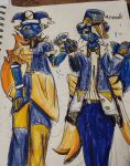 absurd_res anthro blue_body blue_fur bottomwear card clothing clown domestic_cat duo e621 esix felid feline felis female femboy fire flaming_tail floating_ears fur hat headgear headwear hexerade hi_res jester jester_outfit machine male male/female mammal mascot pants pawpads ringmaster robot robot_anthro tail top_hat traditional_media_(artwork) white_nose yellow_ears yellow_eyes