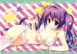  :p absurdres blush bra breasts cleavage collarbone copyright_request frilled_bra frilled_legwear frills garter_belt green_eyes groin hair_ornament hairpin heart heart_hair_ornament highres hips leg_garter looking_at_viewer lying medium_breasts navel no_panties on_side polka_dot purple_hair ribbon ryouka_(suzuya) simple_background solo star strap_lift striped striped_background tareme teasing thighhighs tongue tongue_out twintails underwear white_bra white_legwear 