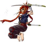  alternate_costume anklet artist_request barefoot bra dual_wielding feet fighting_stance fingerless_gloves full_body gloves holding jewelry katana long_hair midriff my-hime non-web_source oekaki open_clothes open_shirt pants ponytail red_hair scarf shirt sugiura_midori sword torn_clothes torn_pants transparent_background underwear weapon wrist_wrap 