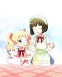  :d ;o ^_^ alice_cartelet apron batter blonde_hair blue_eyes blush brown_hair character_request closed_eyes cooking food hitotose_rin kin-iro_mosaic maid_headdress mixing_bowl multiple_girls one_eye_closed open_mouth pastry_bag short_hair smile twintails whisk 