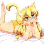  animal_ears bare_shoulders barefoot bikini blonde_hair blush breasts cat_ears cat_tail green_eyes head_rest long_hair lying medium_breasts nokoppa on_stomach original simple_background smile soles solo swimsuit tail white_background yellow_bikini 