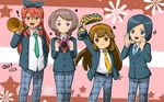  blue_eyes blue_hair brown_eyes brown_hair camera green_eyes hairband inazuma_eleven_(series) inazuma_eleven_go inazuma_eleven_go_chrono_stone long_hair mizuhara_aki multiple_girls nanobana_kinako necktie open_mouth orange_hairband purple_eyes red_hair seto_midori sorano_aoi unmoving_pattern yamana_akane 