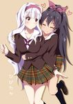  black_hair blazer ganaha_hibiki grey_hair hairband heart hitotsuki_nanoka hug hug_from_behind idolmaster idolmaster_(classic) jacket kneehighs long_hair multiple_girls navy_blue_legwear plaid plaid_skirt ponytail purple_eyes school_wear_(idolmaster) shijou_takane skirt smile 