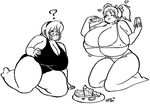  2girls ? breasts cow_girl cow_girl_(hataraki) emerald_(sprite37) fat food fruit gigantic_breasts heart horns multiple_girls simple_background sprite37 thick_thighs thighs watermelon white_background 