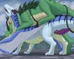 2025 animal_genitalia antlers blue_body blue_eyes blue_scales cloaca cloacal cloacal_penetration cloacal_penis dark_claws digital_media_(artwork) dragon erection female feral feral_on_feral forest freten_(character) from_behind_position fur genitals green_body green_mane green_scales group group_sex hi_res horn human larger_male leaf male mammal mane markings mmf_threesome mountain mounting mythological_creature mythological_scalie mythology open_mouth orange_eyes orgasm penetration penile_spines penis plant pokegontc pupils scales scalie seminal_groove sex size_difference slit_pupils spikes spikes_(anatomy) striped_body stripes teeth threesome tree trio vines wingless_dragon wings yellow_body yellow_scales