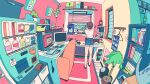  1girl akabane_1999 bookshelf bottle brown_hair can cat chair clock coffee_maker commentary_request computer computer_keyboard computer_mouse denim denim_shorts drink_can fisheye grey_cat hair_bun hanging_plant highres indoors juice_box loaded_interior long_sleeves monitor original plant potted_plant scenery shirt shorts slice_of_life socks soda_can solo speaker spray_bottle trash_can tree vending_machine wallet white_shirt window window_blinds 