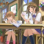  bad_id bad_pixiv_id bangs bow bowtie brown_hair cake carrot_hair_ornament closed_eyes cup eating eyebrows_visible_through_hair flower food food_themed_hair_ornament hair_ornament hairclip indoors multiple_girls open_mouth orange_eyes original parfait saucer school_uniform short_hair short_sleeves shorts sitting skirt socks sugar_cube table teacup twintails vest yoropa 