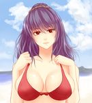  bad_id bad_pixiv_id beach bikini breasts cleavage collarbone day highres large_breasts lips long_hair purple_hair red_bikini red_eyes solo swimsuit touhou x&amp;x&amp;x yasaka_kanako 