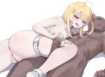  1boy 1girl absurdres ahoge anus blonde_hair breasts brown_eyes censored commentary_request completely_nude cum cum_on_body cum_on_hands cum_on_legs dalcom dark-skinned_male dark_skin dated_commentary faceless faceless_male hair_ornament hair_ribbon hetero highres hololive hololive_dev_is kneepit_sex long_hair looking_at_penis lying mosaic_censoring musical_note musical_note_hair_ornament nude on_back one_side_up otonose_kanade penis_grab pussy red_ribbon ribbon sidelocks simple_background small_breasts socks thigh_sex thigh_strap virtual_youtuber white_background white_socks 