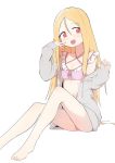  1girl absurdres barefoot bikini blonde_hair blush bural_chingu full_body hair_between_eyes highres hood hoodie lee_ji-min long_hair looking_at_viewer open_mouth red_eyes simple_background smile solo swimsuit white_background wweedpic 