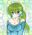  alternate_hairstyle azusanae bare_shoulders blue_eyes breasts cleavage colorized frog_hair_ornament green_hair hair_ornament highres kochiya_sanae large_breasts long_hair off-shoulder_sweater ponytail ribbed_sweater smile snake solo sweater touhou 