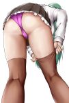  1girl absurdres aqua_hair ass brown_skirt brown_socks commentary frilled_skirt frills from_behind from_below highres kantai_collection kneehighs long_hair miniskirt moyashi_mogura panties pleated_skirt purple_panties shirt simple_background skirt socks solo suzuya_(kancolle) suzuya_kai_ni_(kancolle) underwear white_background white_shirt 
