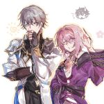  1girl 2boys caelus_(honkai:_star_rail) cosplay cyrene_(honkai:_star_rail) cyrene_(honkai:_star_rail)_(cosplay) dan_heng_(honkai:_star_rail) flower gloves grey_hair highres honkai:_star_rail honkai_(series) long_sleeves march_7th_(honkai:_star_rail) multicolored_eyes multiple_boys partially_fingerless_gloves phainon_(honkai:_star_rail) phainon_(honkai:_star_rail)_(cosplay) rowsic sun trailblazer_(honkai:_star_rail) two-tone_eyes upper_body white_background yellow_eyes 