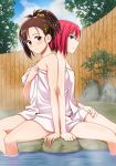  2girls back-to-back blue_eyes blush breasts brown_eyes brown_hair day derivative_work flat_chest hair_ornament hair_scrunchie high_ponytail highres looking_at_viewer maximilian-destroyer medium_breasts multiple_girls murenase!_shiiton_gakuen naked_towel onsen outdoors red_hair scrunchie shiny shiny_skin short_hair sitting smile towel white_towel yellow_scrunchie 