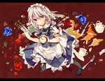  apron black_legwear blue_eyes blue_flower blue_rose braid card clock cup flower food fork fruit izayoi_sakuya knife maid_apron maid_headdress mary_janes pantyhose rose shoes silver_hair solo strawberry tamagogayu1998 tea teacup teapot touhou twin_braids 