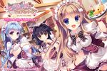 2013 3girls animal_ears bell cat cat_ears cat_tail copyright_name dated dress fang female food jingle_bell looking_at_viewer maid multiple_girls nyan_cafe_macchiato official_art tail uniform waitress yukie_(peach_candy) 