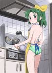  apron ass backless_outfit blush cooking fire flame from_behind green_eyes green_hair highres isedaichi_ken ladle looking_at_viewer looking_back midorikawa_nao nearly_naked_apron open_mouth panties ponytail precure rice short_hair smile_precure! solo stove sweat topless underwear wok 