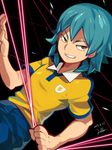  blue_hair dated dutch_angle grin inazuma_eleven_(series) inazuma_eleven_go kariya_masaki lightning_bolt male_focus motojima_hakka raimon raimon_soccer_uniform signature smile soccer_uniform solo sportswear yellow_eyes 