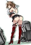  ass bare_shoulders blush breasts brown_hair chain gloves green_eyes headgear high_heels kantai_collection large_breasts looking_at_viewer looking_back midriff miniskirt mutou_kurihito mutsu_(kantai_collection) panties red_legwear short_hair skirt solo thighhighs underwear wedgie white_gloves 